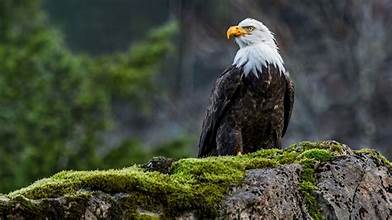 a bald eagle perched on a mossy rock